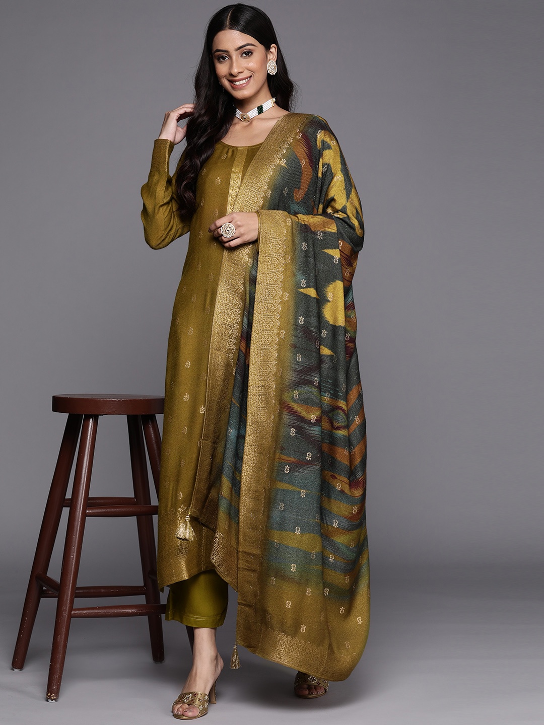 

Libas Women Olive Green Ethnic Motifs Pashmina Wool Kurta with Trousers & With Dupatta