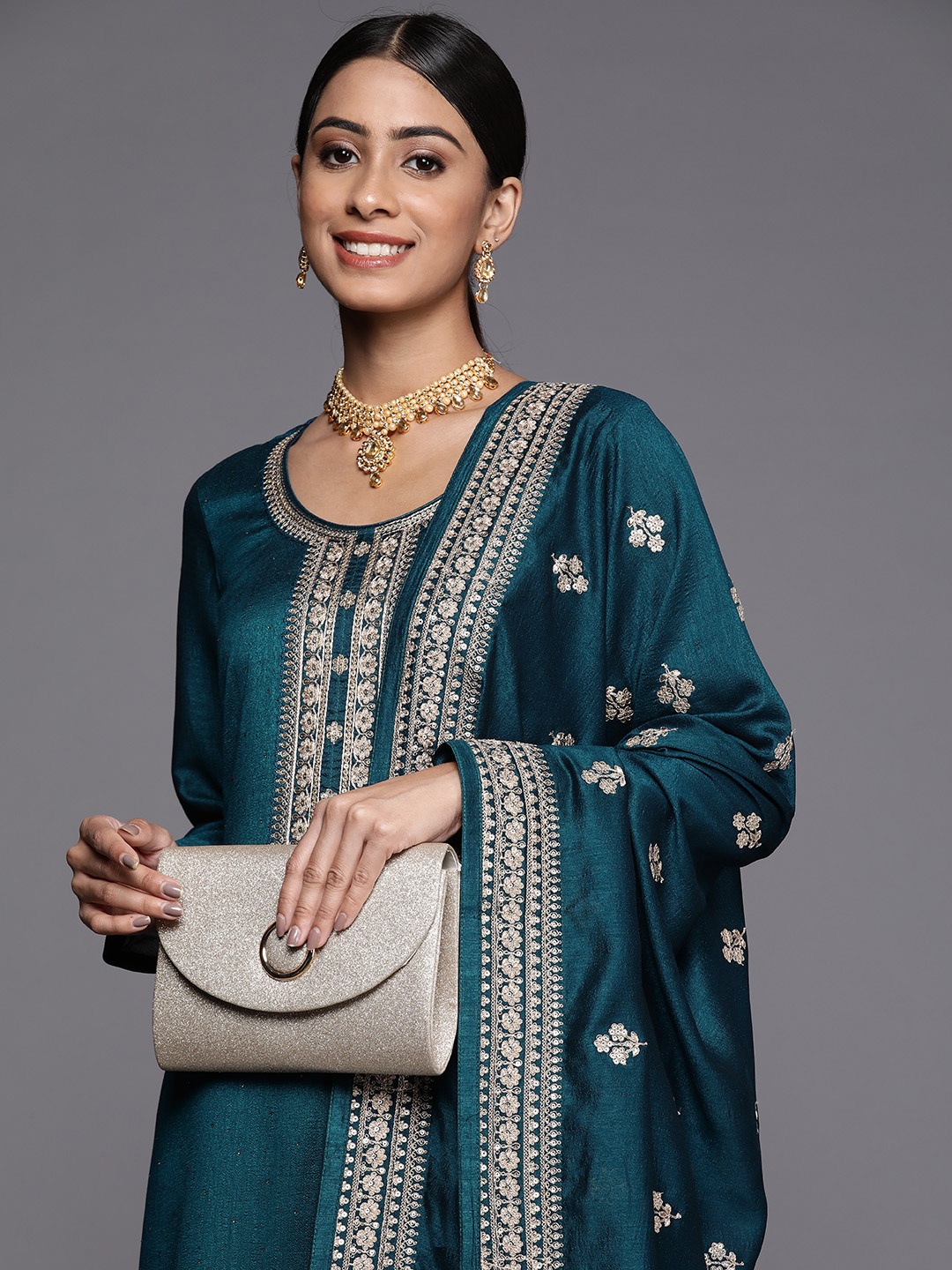 

Libas Women Teal Floral Embroidered Kurta with Trousers & With Dupatta