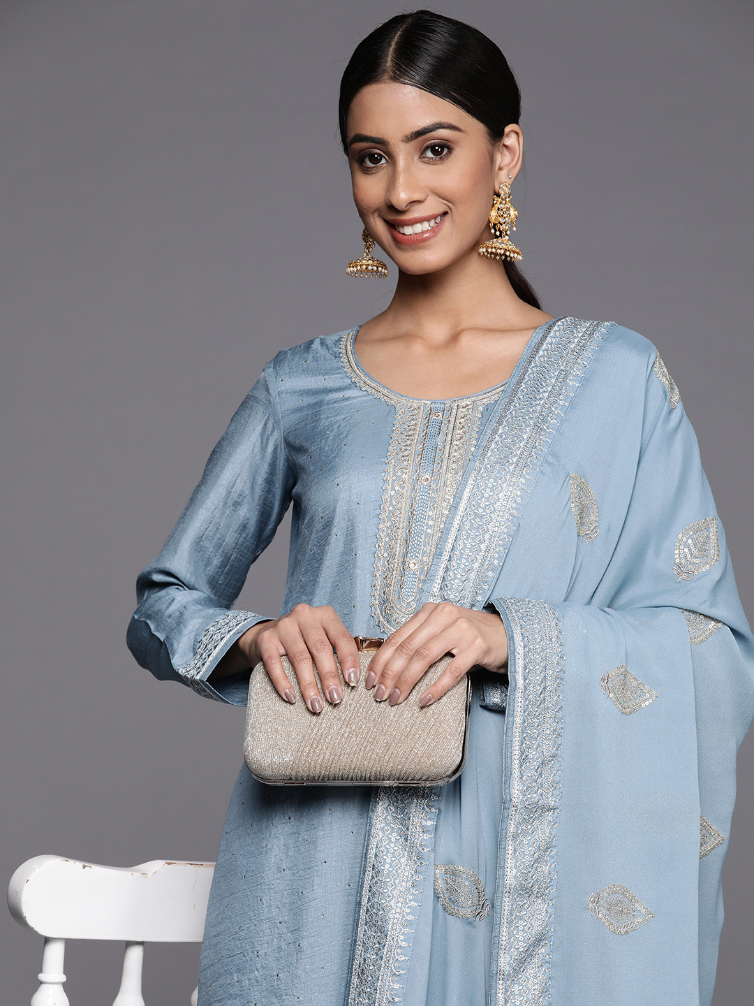 

Libas Women Blue Ethnic Motifs Yoke Design Sequinned Kurta with Trousers & Dupatta