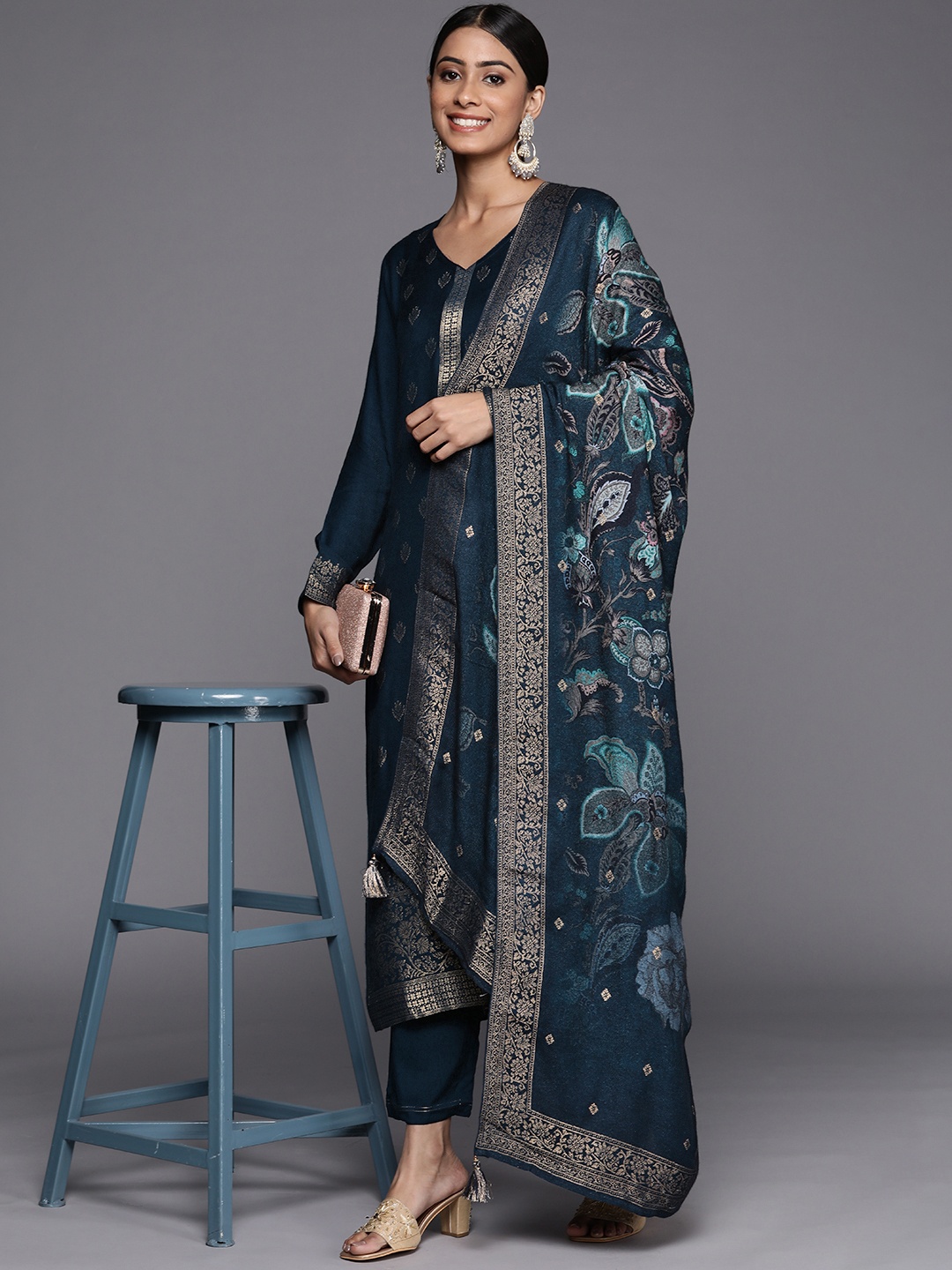 

Libas Women Navy Blue Floral Pashmina Wool Kurta with Trousers & With Dupatta