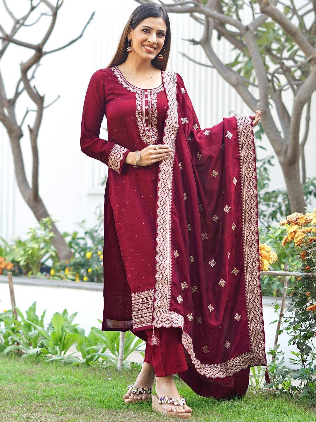 

Libas Women Maroon Floral Yoke Design Kurta Trousers & Dupatta