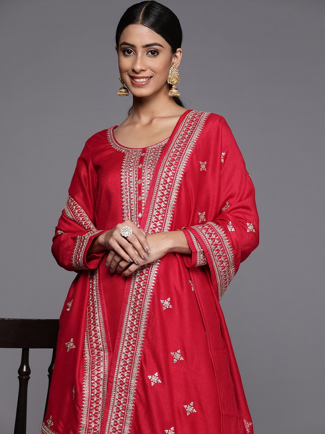 

Libas Women Red Ethnic Motifs Yoke Design Kurta with Trousers & With Dupatta
