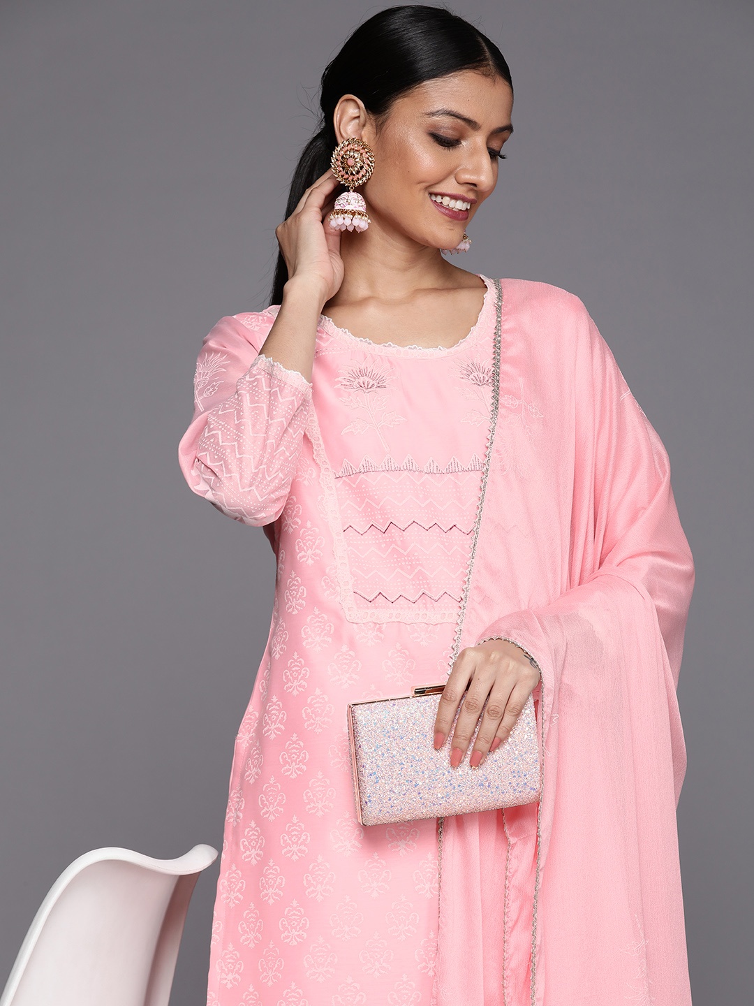 

Libas Women Pink Ethnic Motifs Printed Chanderi Silk Kurta with Trousers & Dupatta