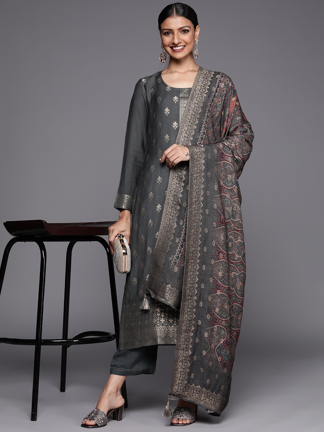 

Libas Women Grey Floral Pashmina Wool Kurta with Trousers & With Dupatta