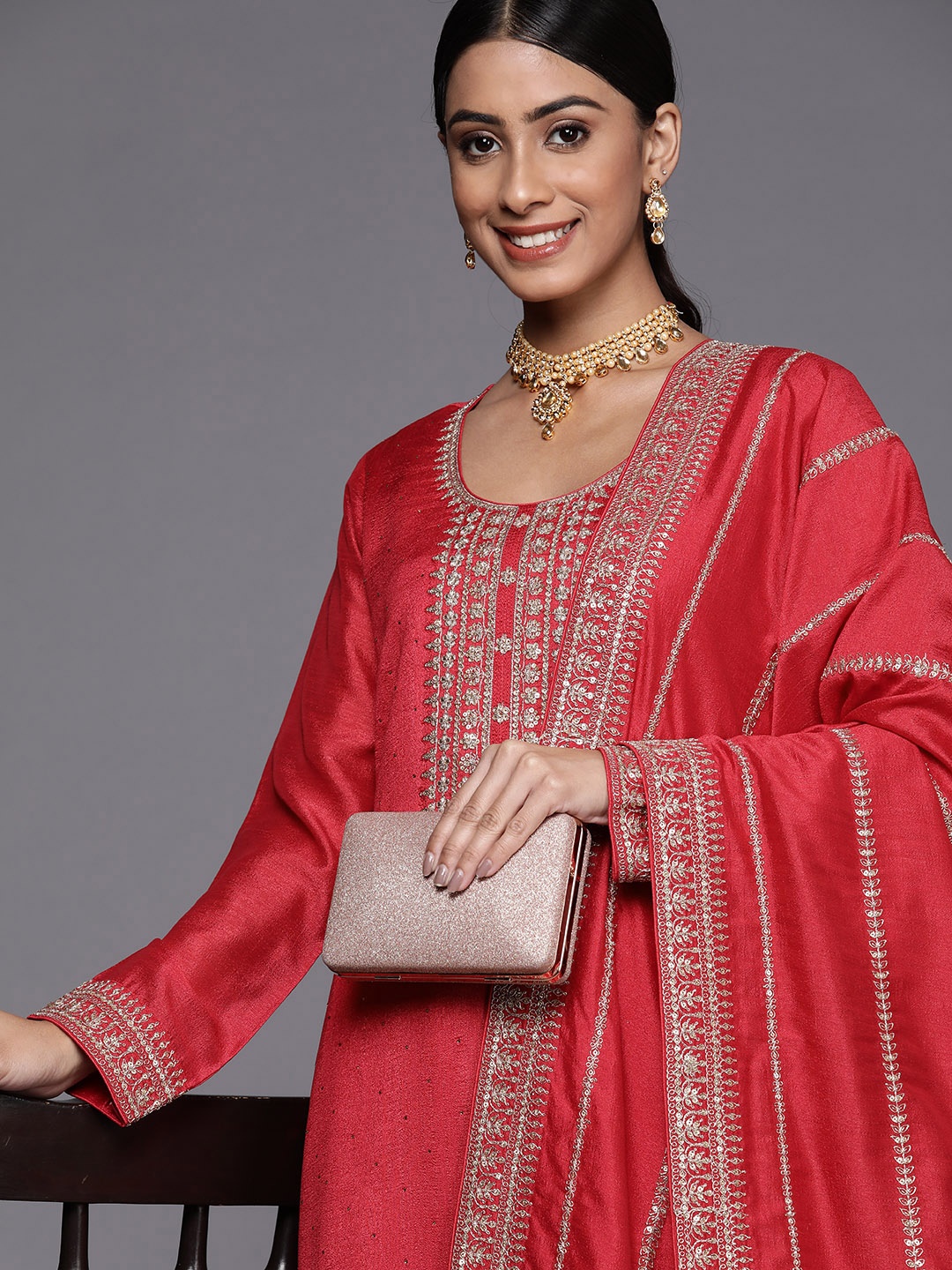 

Libas Women Coral Floral Yoke Design Kurta with Palazzos & With Dupatta