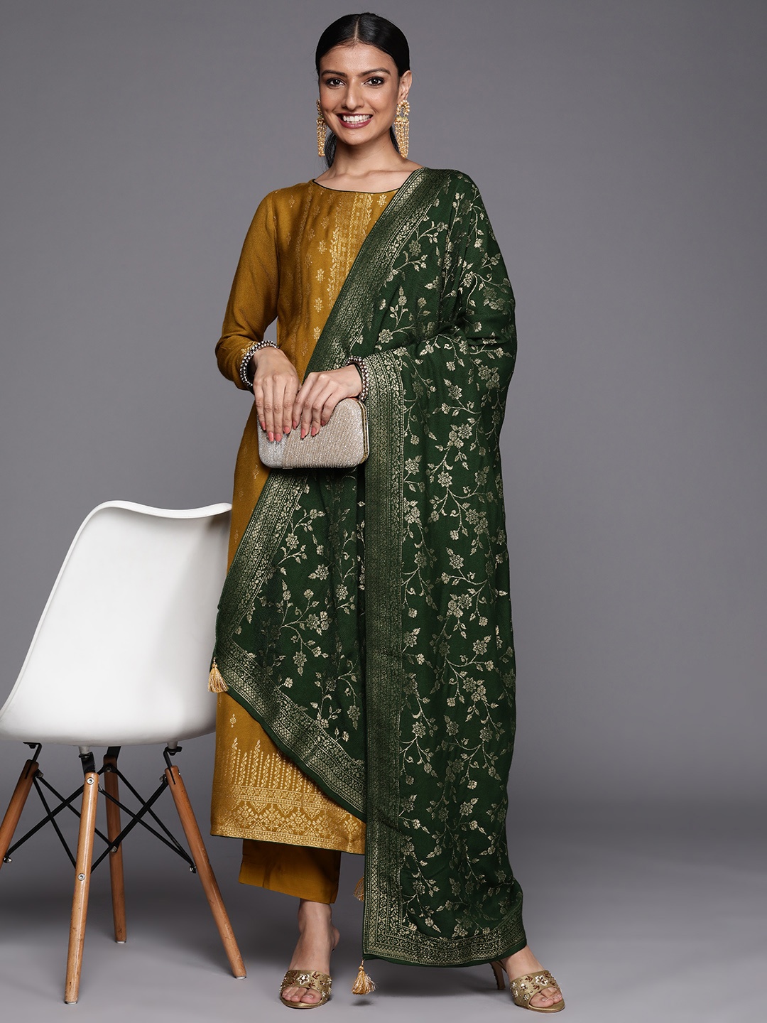 

Libas Women Mustard Yellow Floral Pashmina Wool Kurta with Trousers & With Dupatta