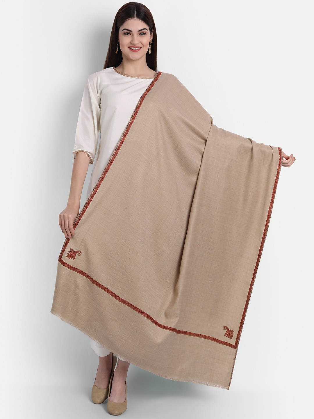 

Zamour Women Brown Kingri Embroidered Shawl, White