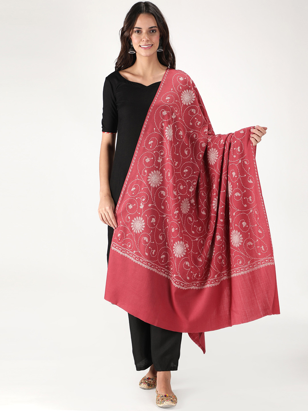 

Zamour Women Pink Embroidered Wool Shawl