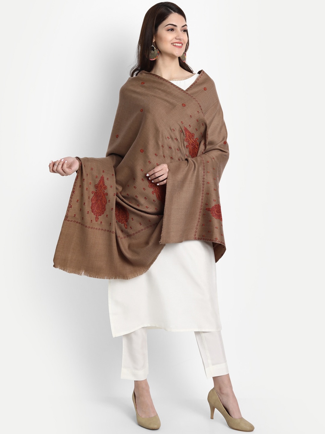 

Zamour Women Brown Embroidered Woolen Shawl