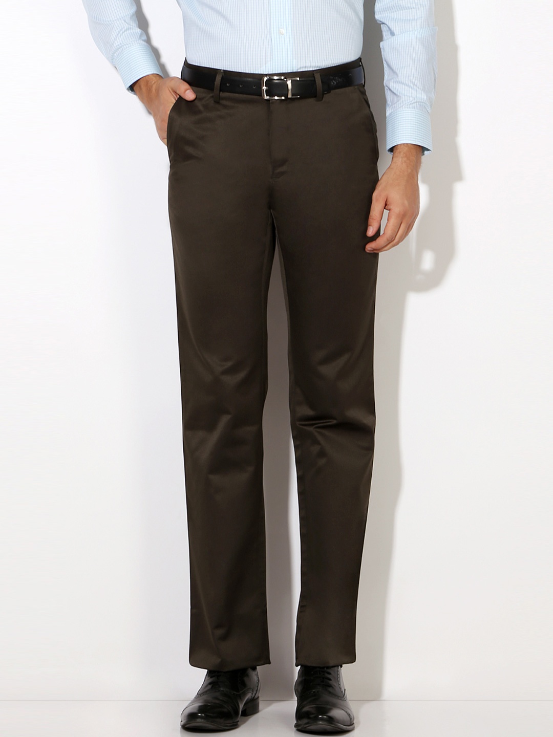 

Van Heusen Men Olive Green Solid Formal Trousers