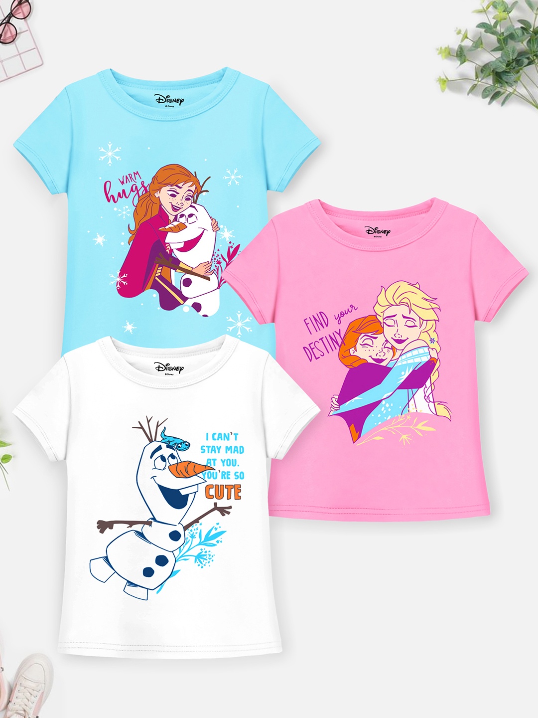 

YK Disney Girls Pack of 3 Frozen Elsa Anna & Olaf Printed Cotton T-shirt, Pink