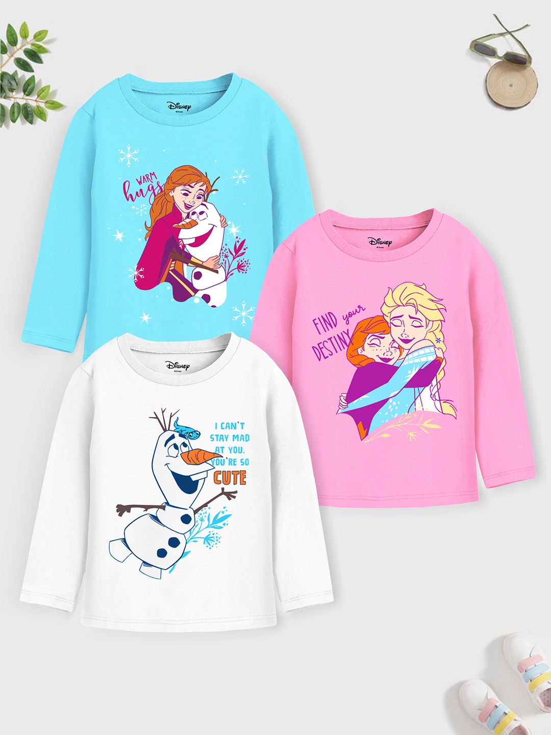 

YK Disney Girls Pink & Blue Pack Of 3 Disney Frozen Princess Printed T-shirt