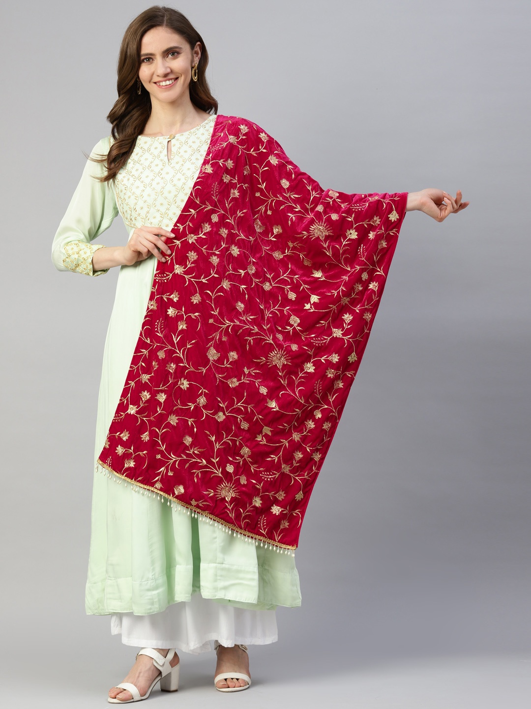 

SHADES Ethnic Motifs Chikankari Velvet Dupatta, Pink