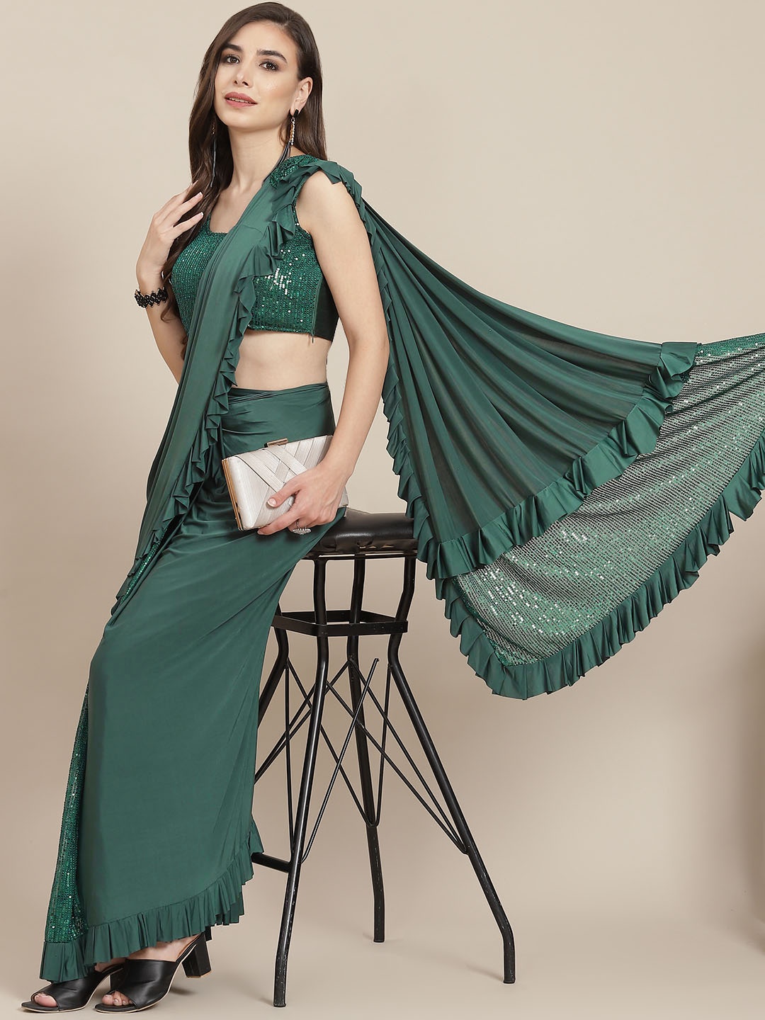 

SAARYA Green Sequinned Satin Saree