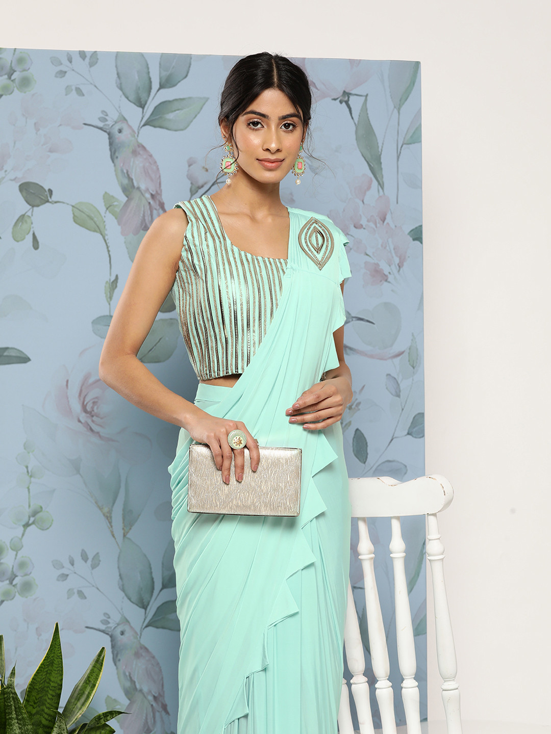 

SAARYA Turquoise Blue Satin Saree