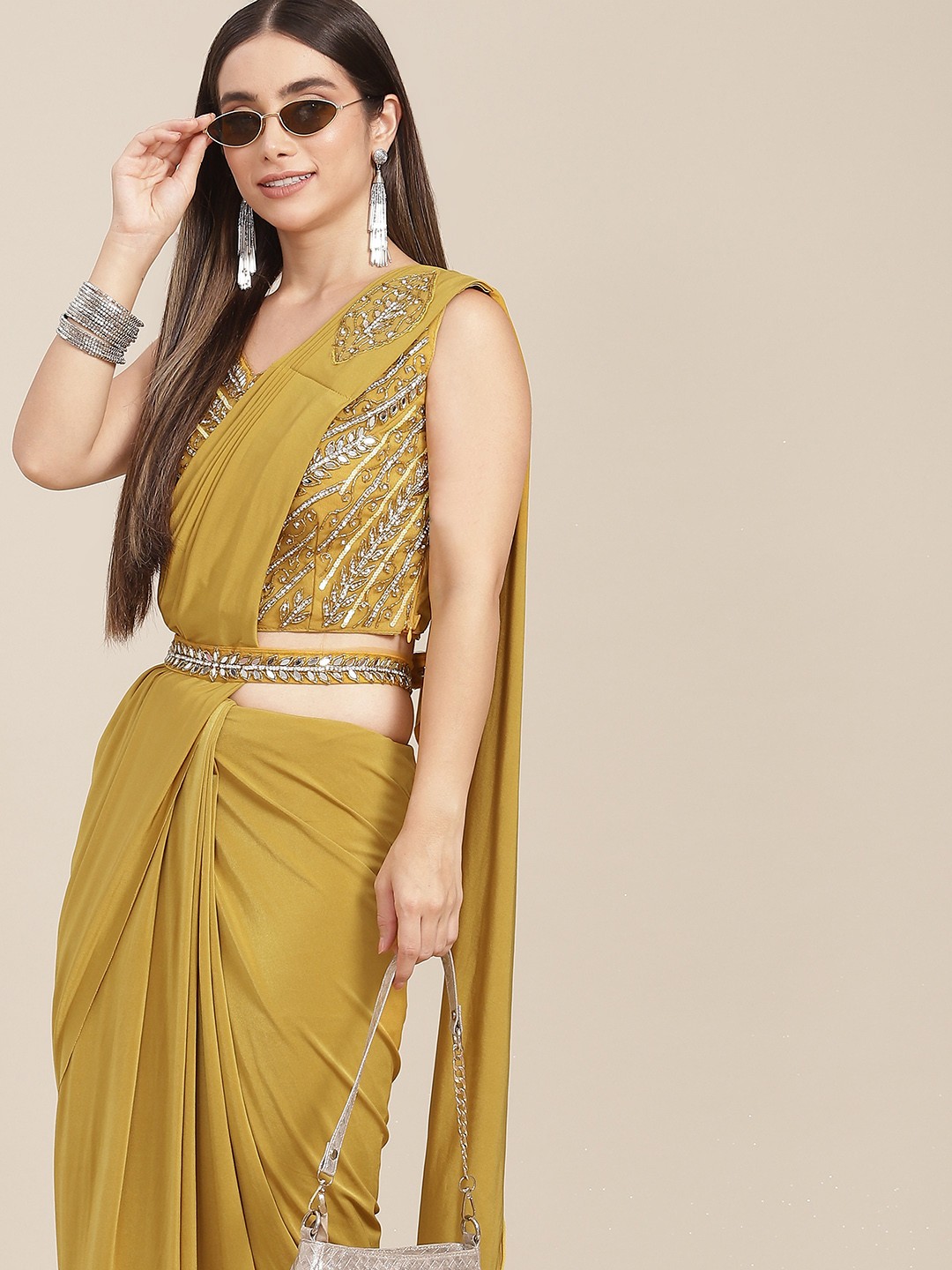 

SAARYA Woman Yellow Embellished Satin Ready to Wear Saree