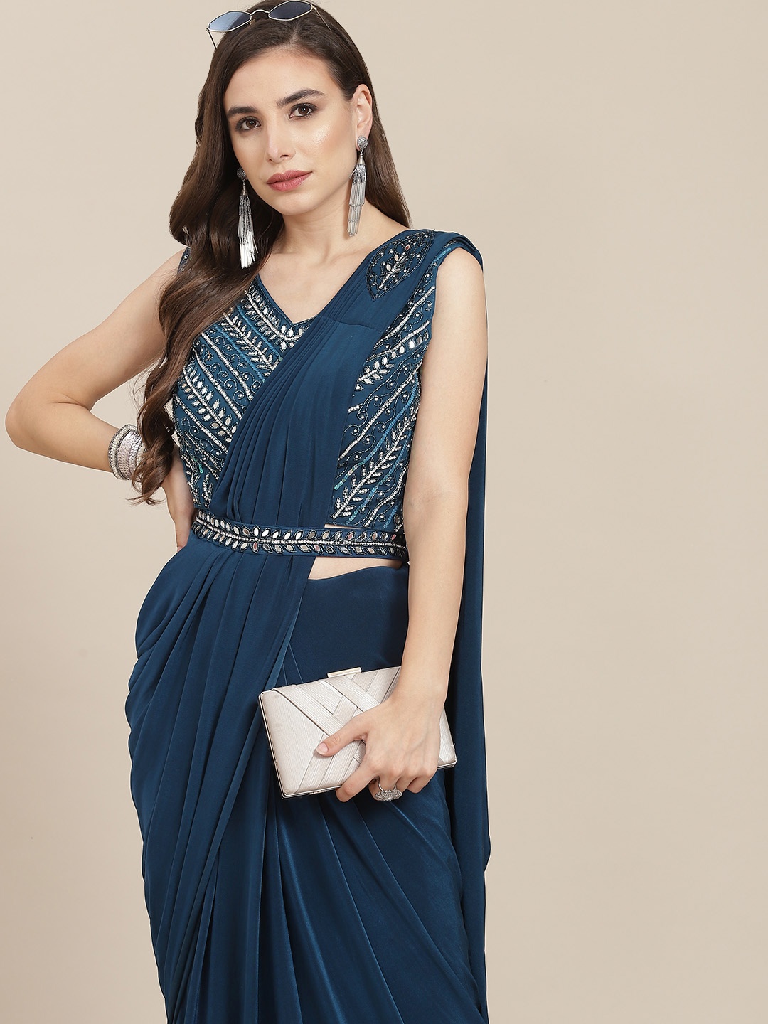 

SAARYA Teal Satin Saree