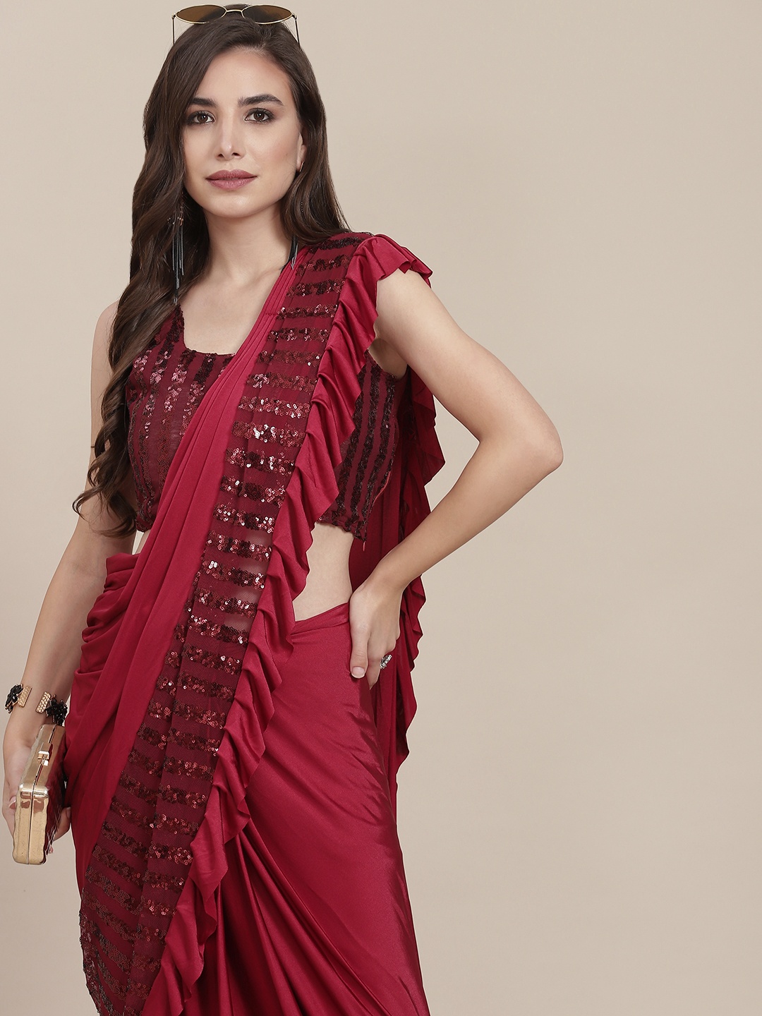 

SAARYA Red Embellished Sequinned Satin Saree
