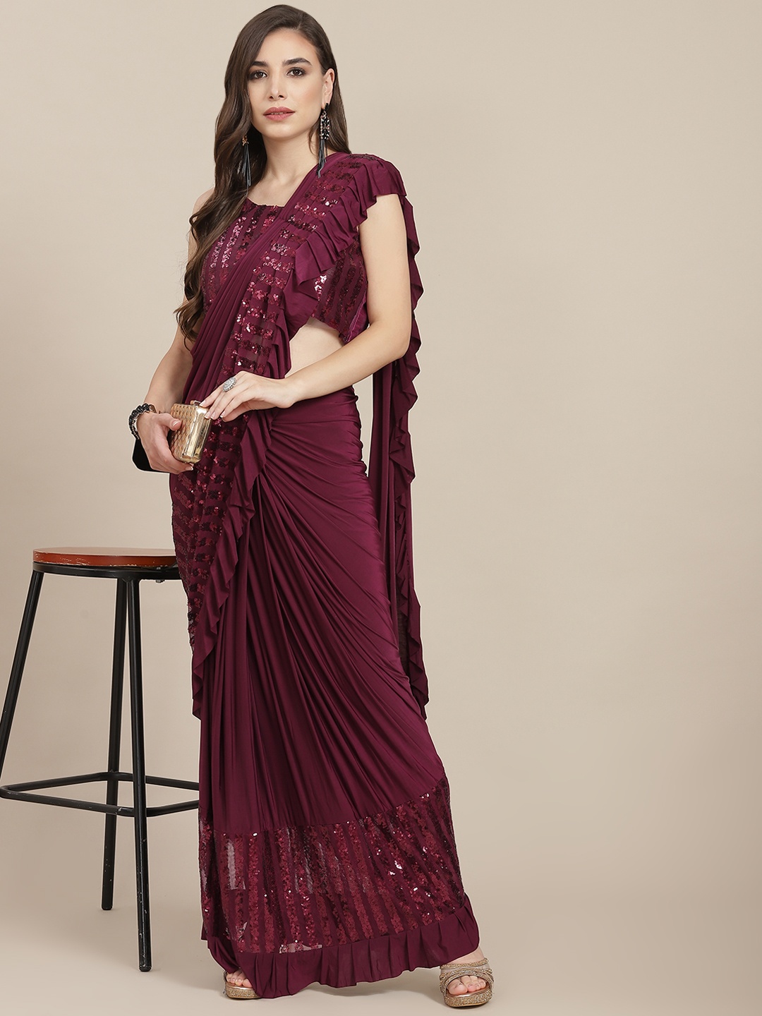 

SAARYA Maroon Embellished Sequinned Satin Saree