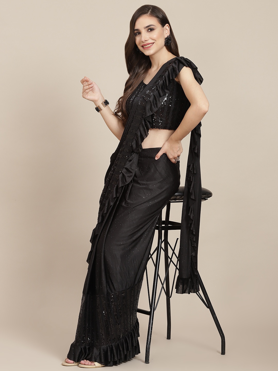 

SAARYA Black Embellished Sequinned Satin Saree