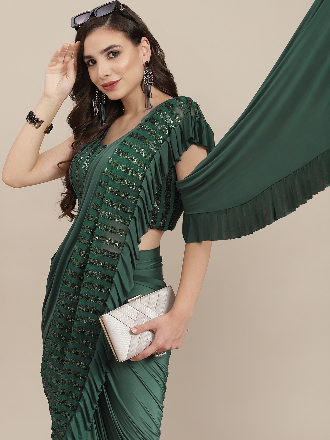 

SAARYA Green Embellished Sequinned Satin Saree