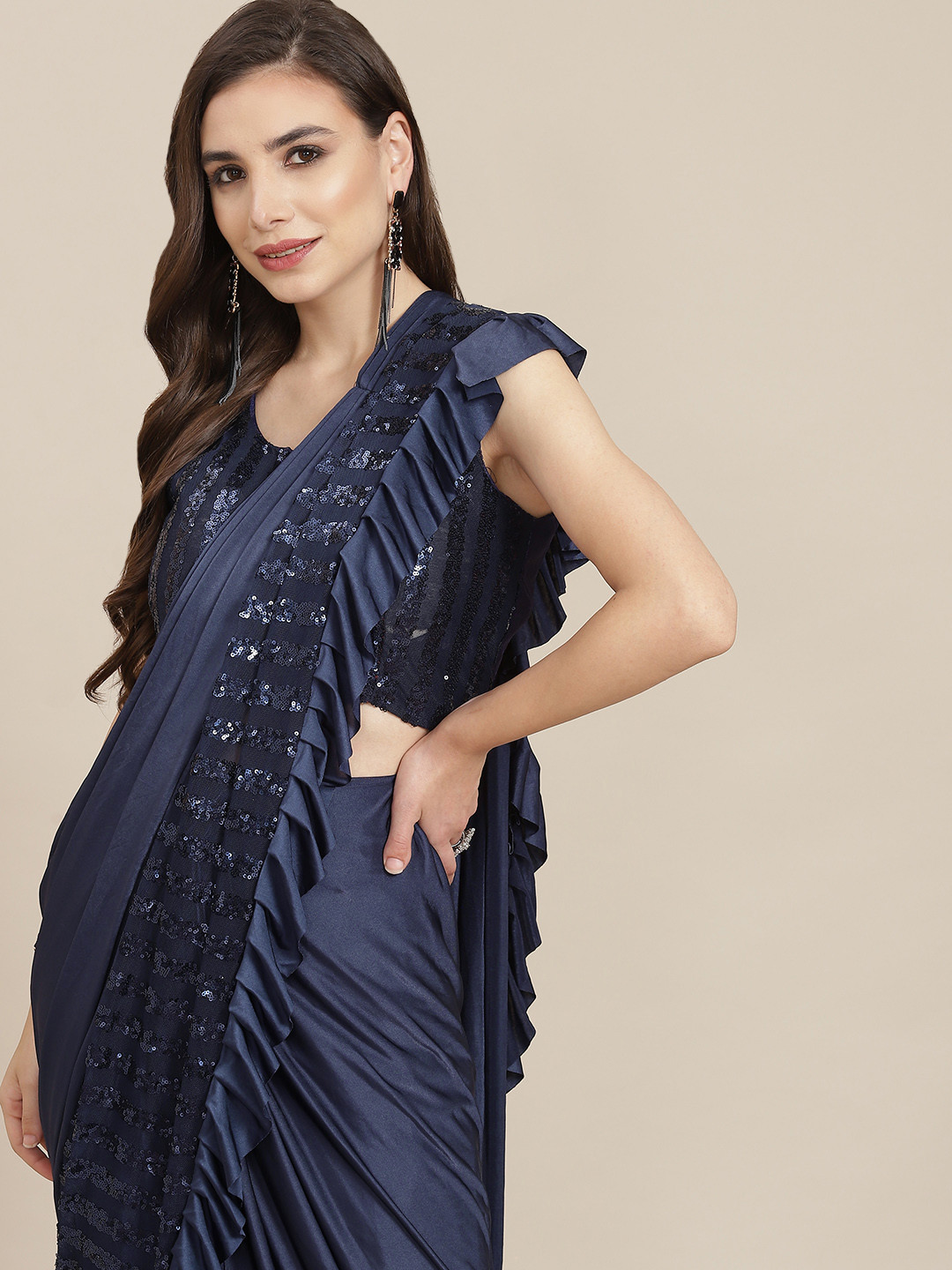 

SAARYA Navy Blue Embellished Sequinned Satin Saree