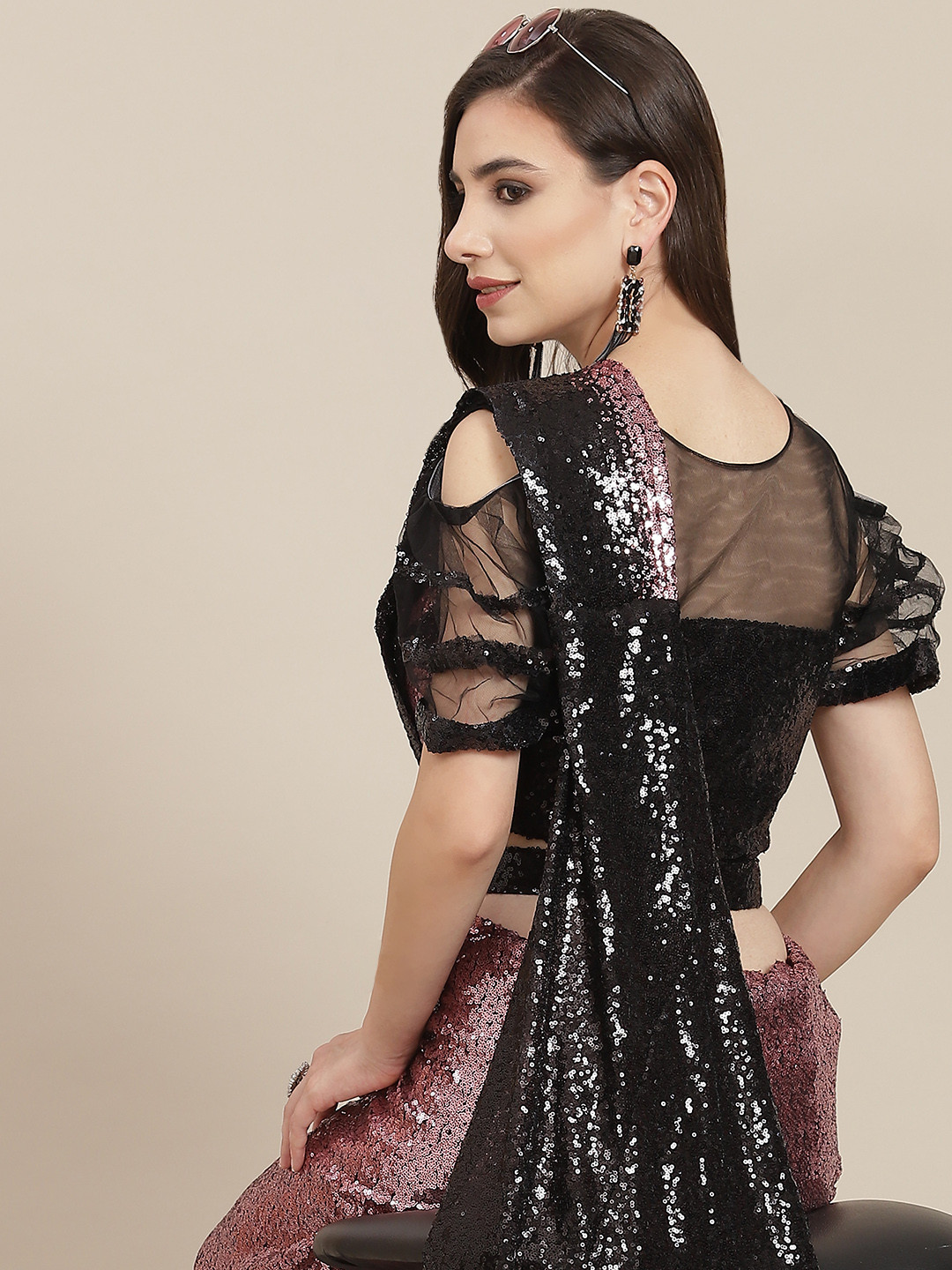 

SAARYA Black & Pink Embellished Sequinned Satin Saree
