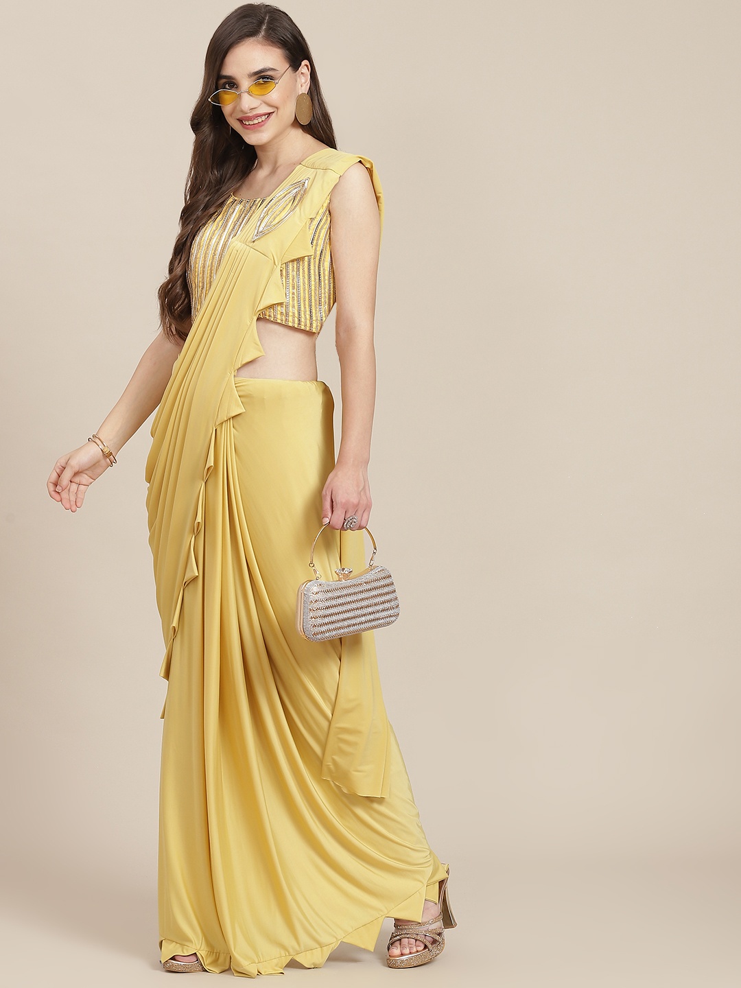 

SAARYA Yellow Satin Saree