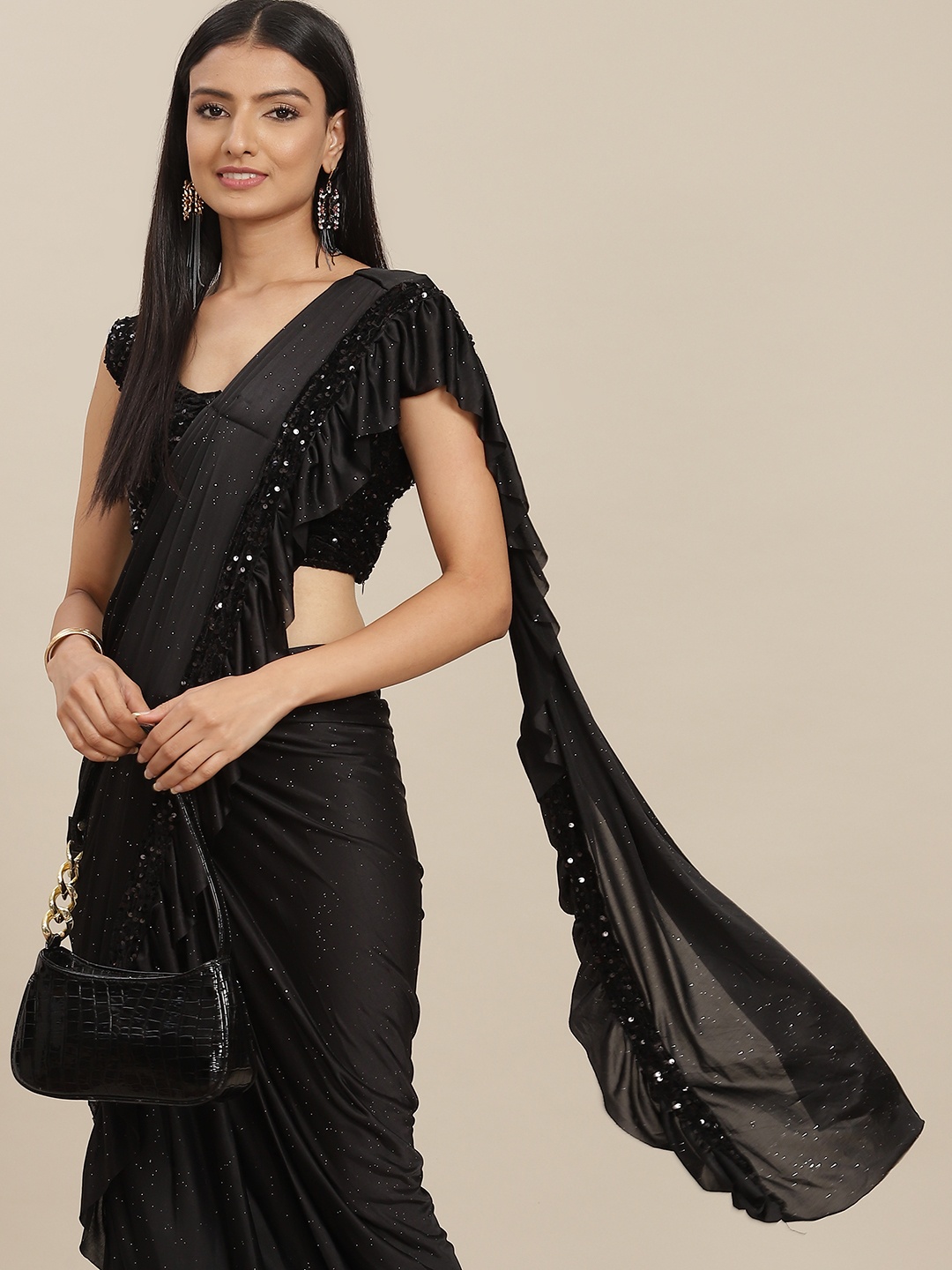 SAARYA Black Sequined Satin Ready to Wear Saree