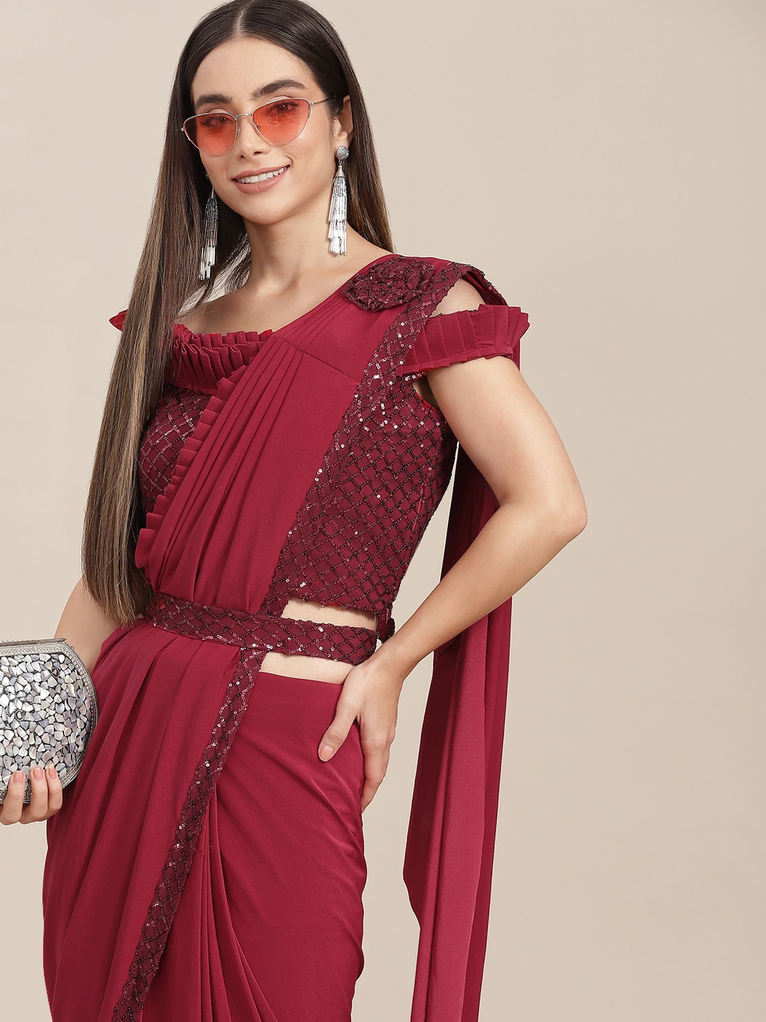 

SAARYA Woman Red Satin Ready to Wear Saree