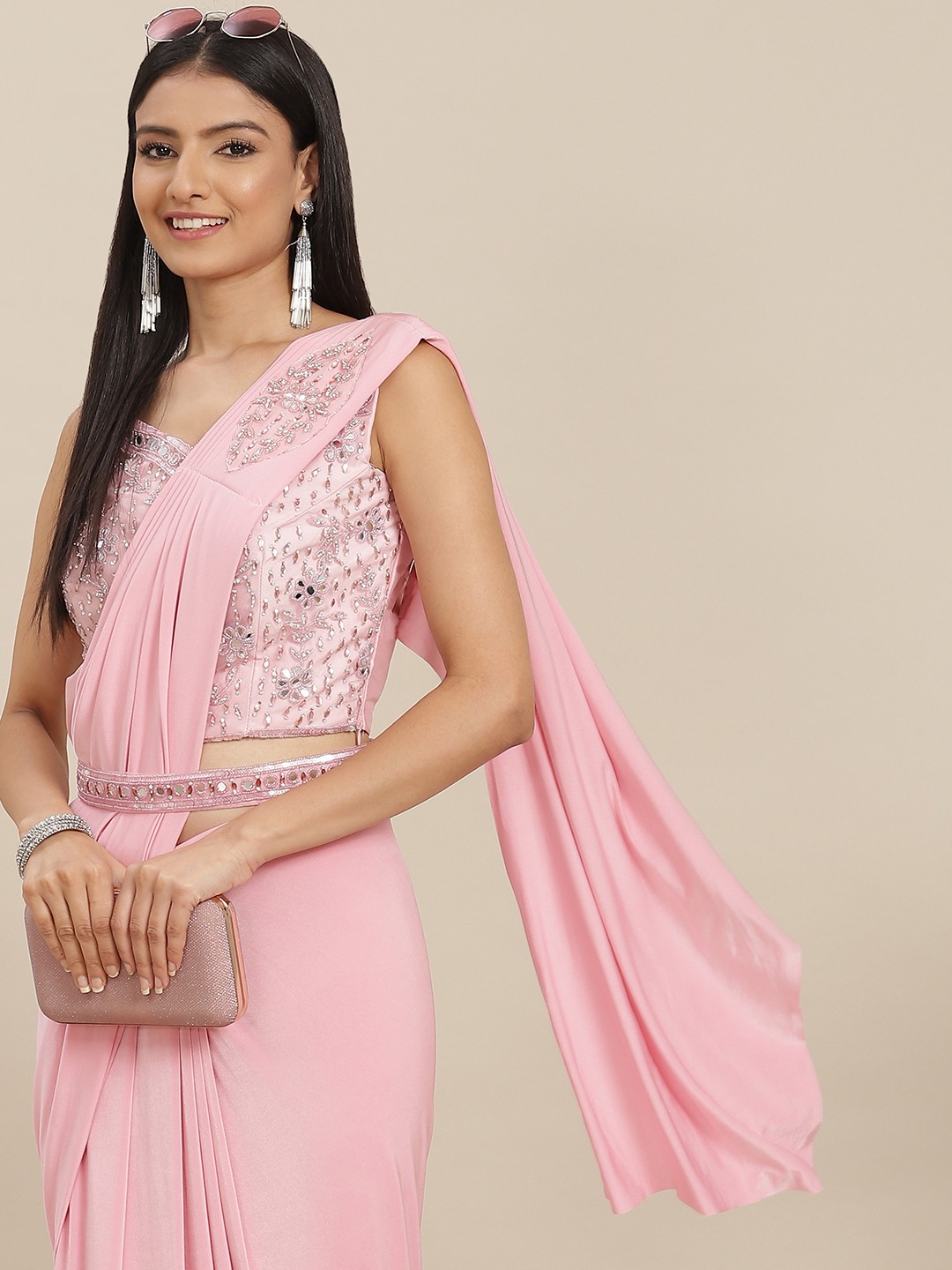 

SAARYA Pink Solid Satin Ready to Wear Saree