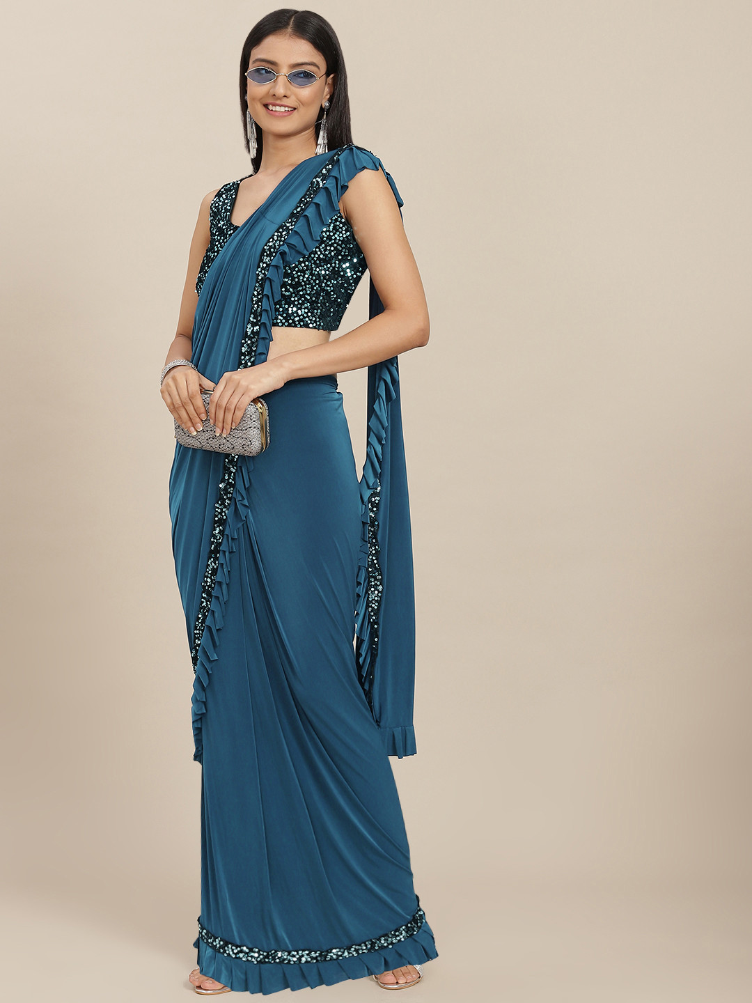 

SAARYA Blue Sequined Satin Ready to Wear Saree