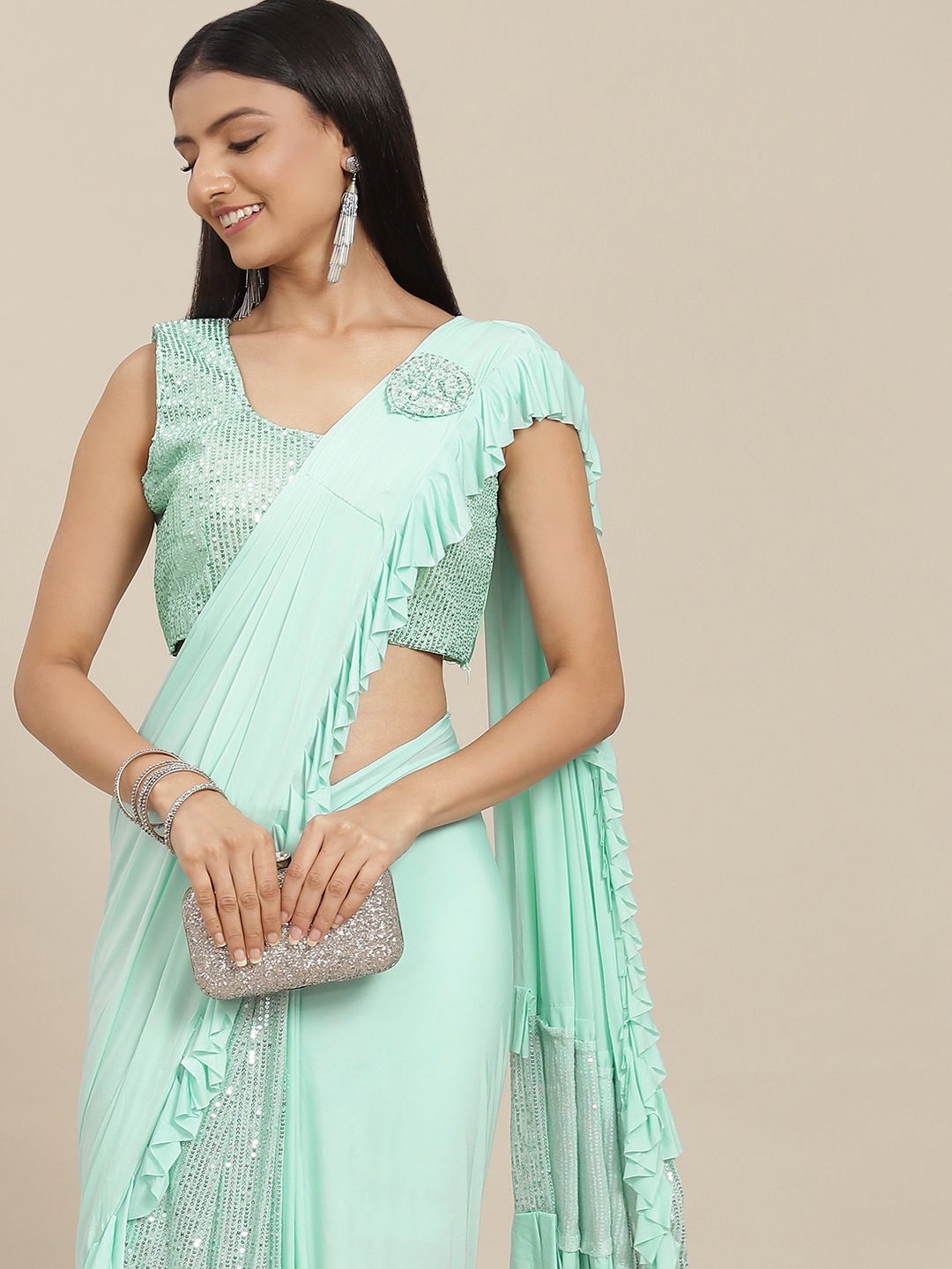 

SAARYA Sea Green Sequined Satin Ready to Wear Saree