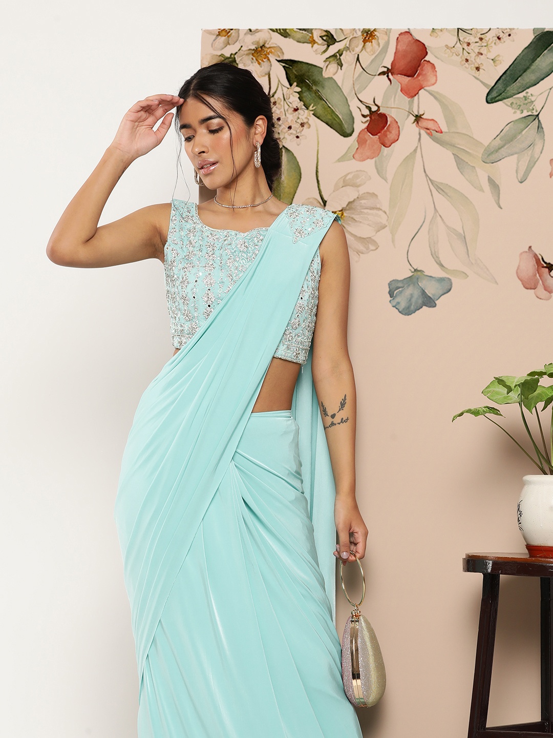 

SAARYA Blue Solid Satin Ready to Wear Saree