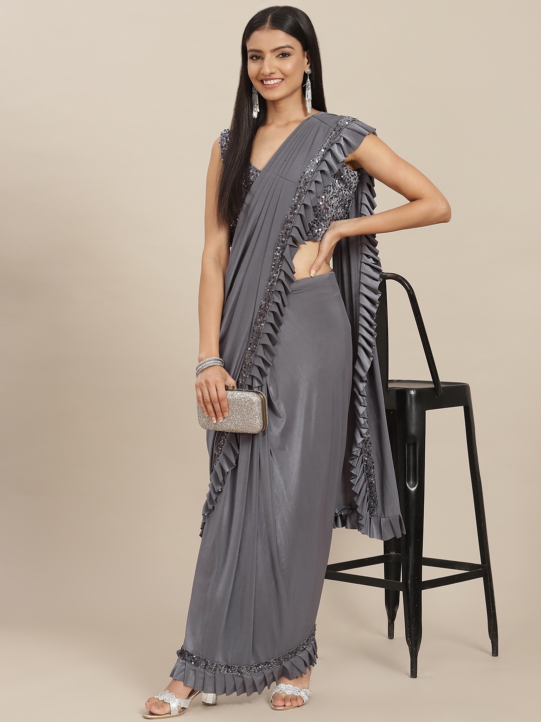 

SAARYA Grey Sequinned Satin Ready to Wear Saree