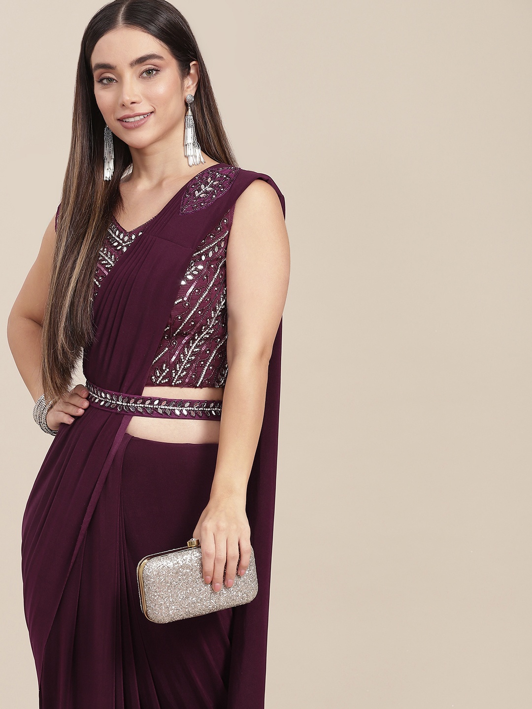 

SAARYA Woman Purple Embellished Satin Ready to Wear Saree