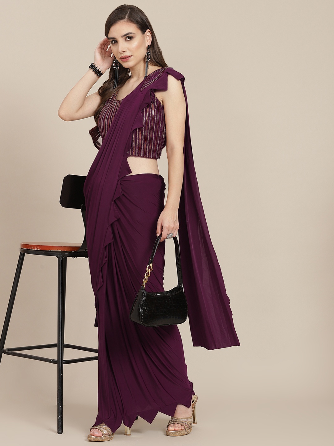 

SAARYA Burgundy Satin Saree