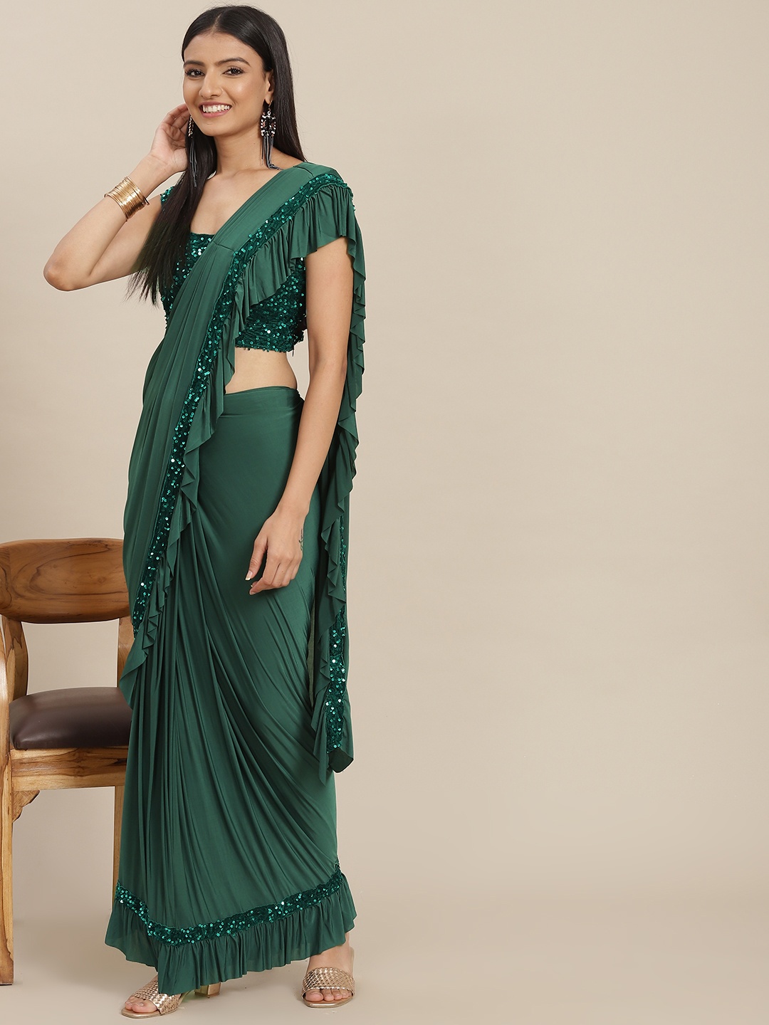 

SAARYA Green Sequined Satin Ready to Wear Saree