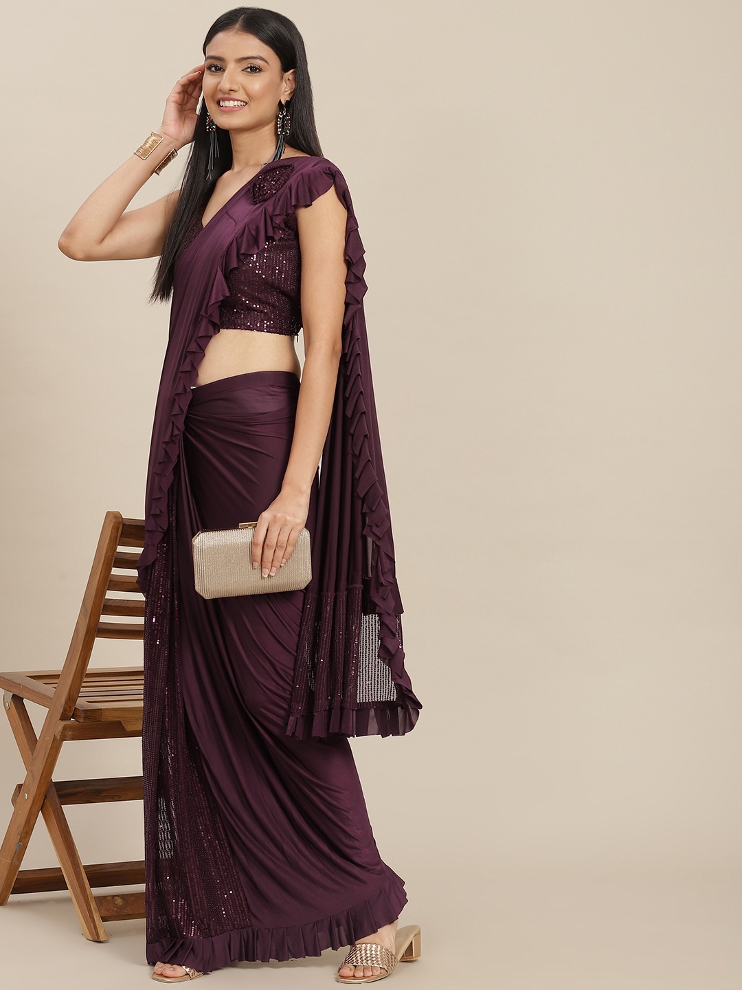 

SAARYA Purple Sequinned Satin Ready to Wear Saree