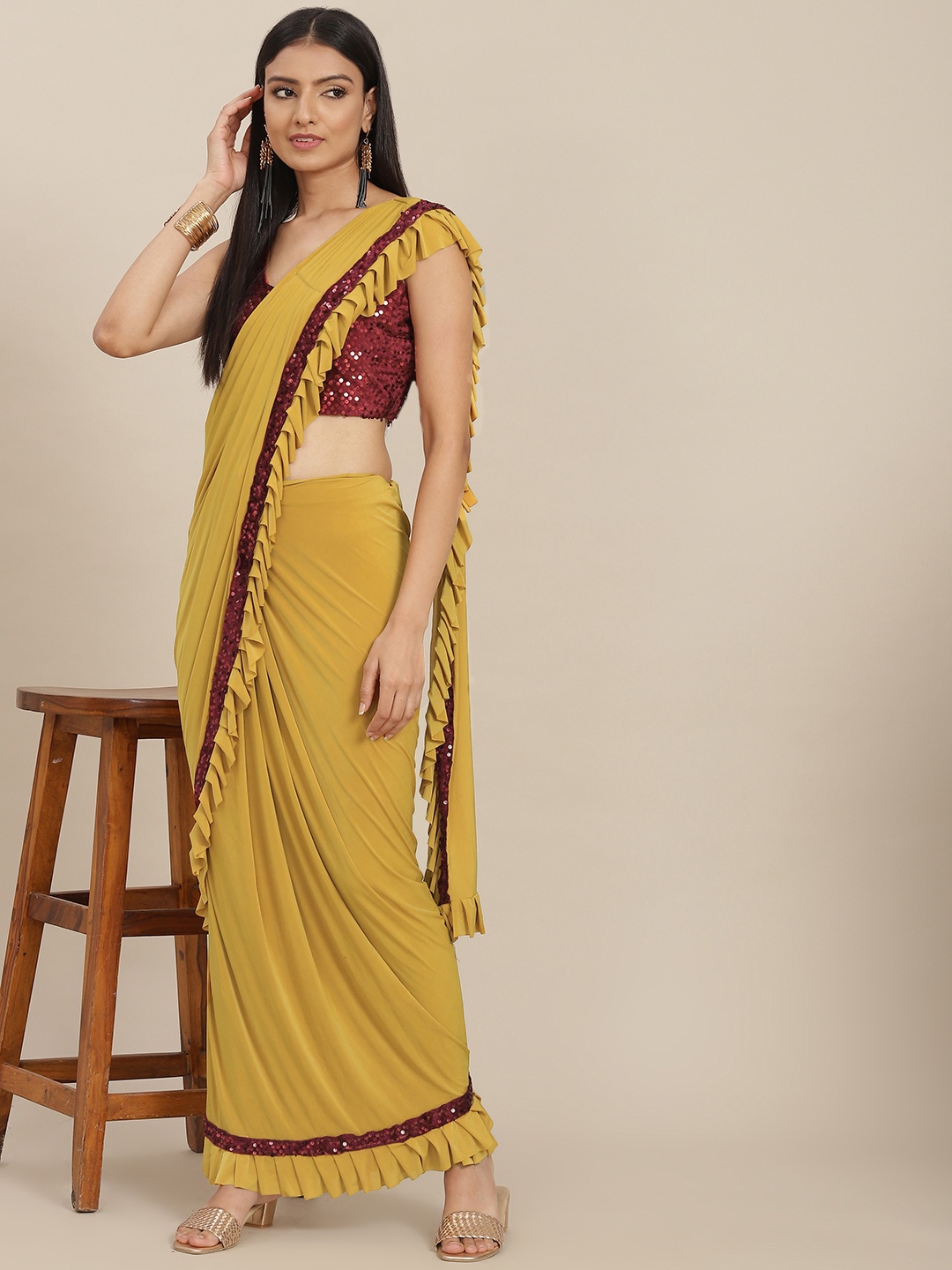 

SAARYA Mustard Yellow Sequinned Satin Ready to Wear Saree