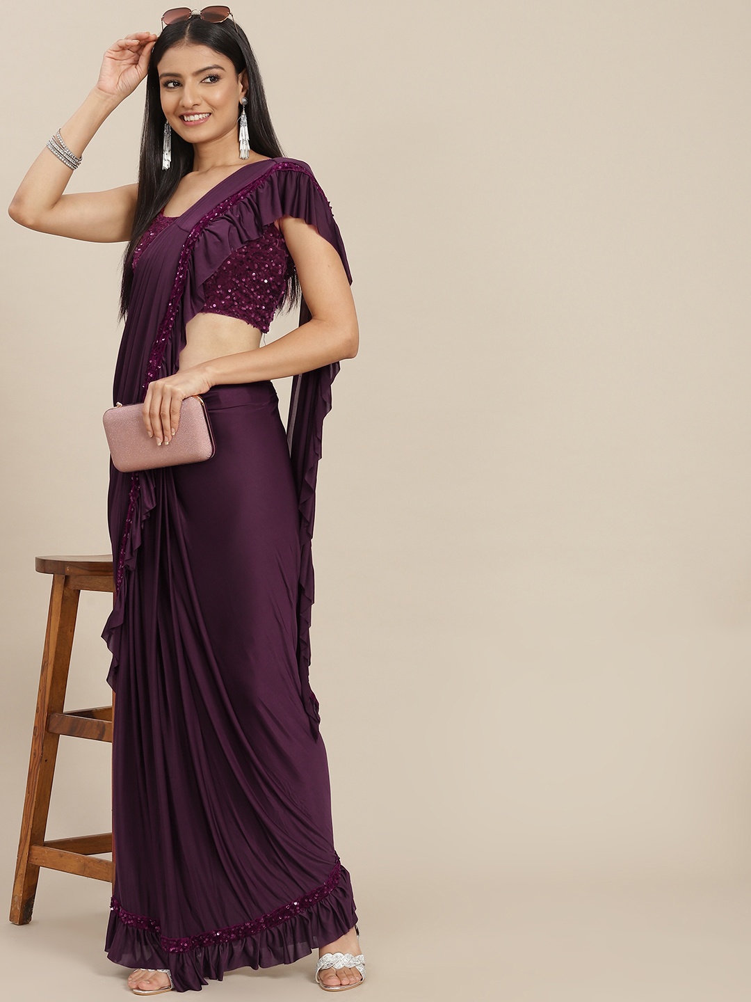 

SAARYA Burgundy Sequined Satin Ready to Wear Saree