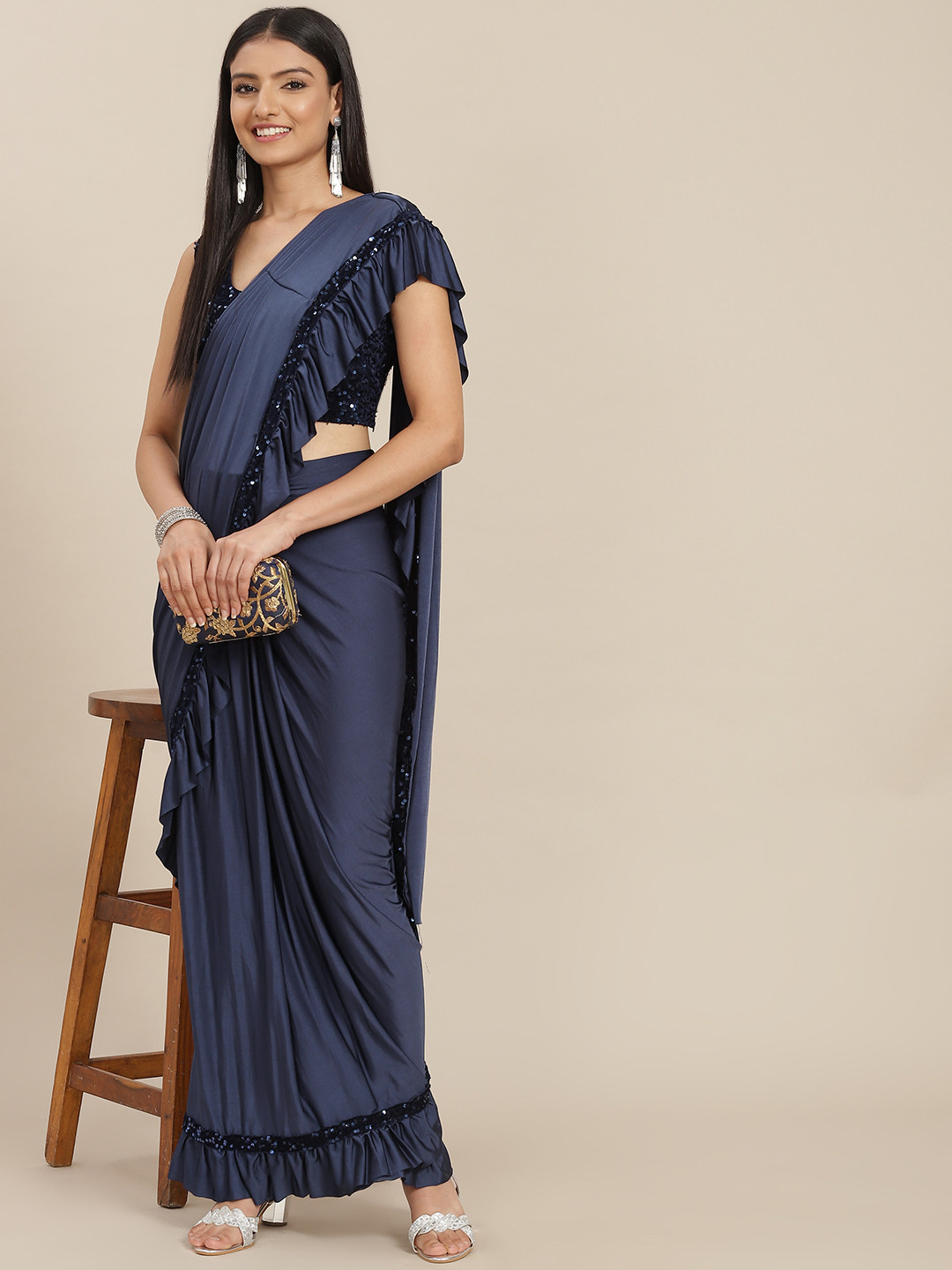 

SAARYA Navy Blue Sequined Satin Ready to Wear Saree