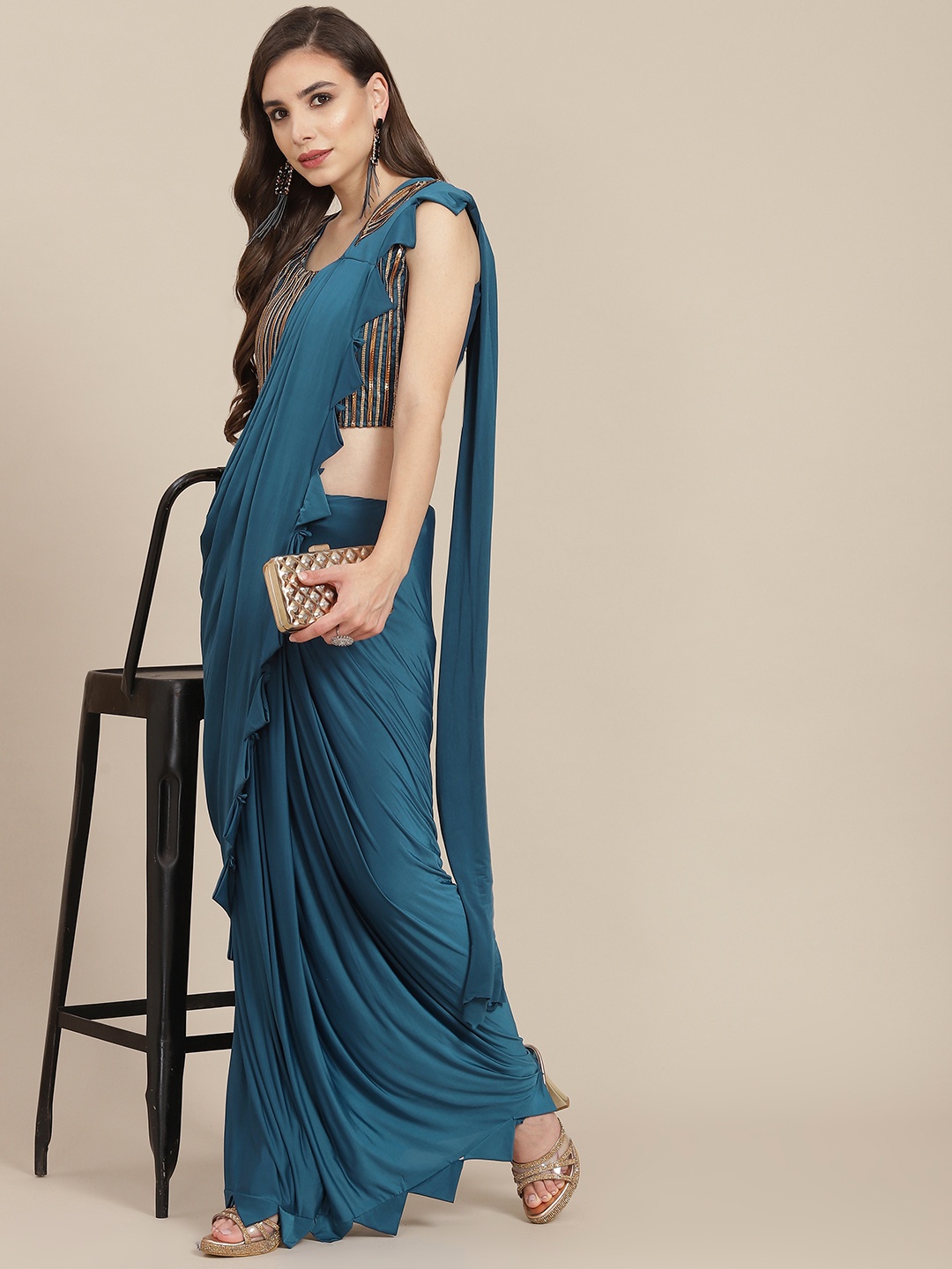 

SAARYA Teal Satin Saree