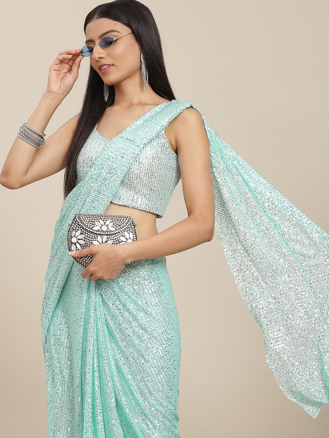 

SAARYA Blue Sequined Satin Ready to Wear Saree