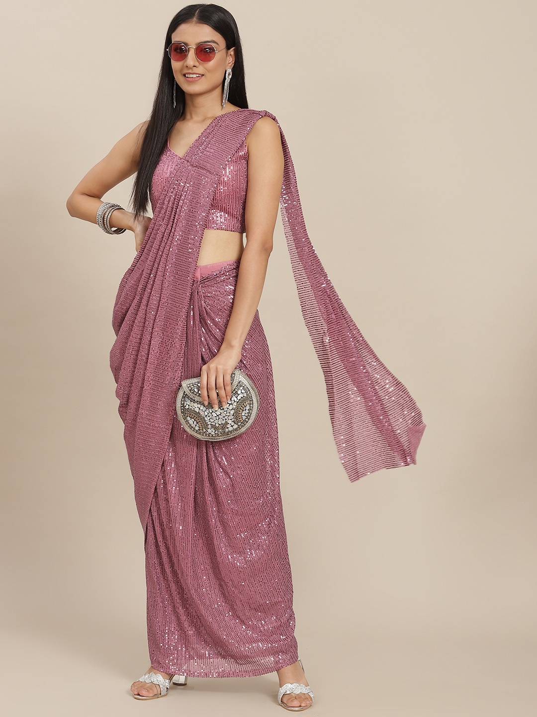 

SAARYA Mauve Embellished Sequinned Satin Ready to Wear Saree