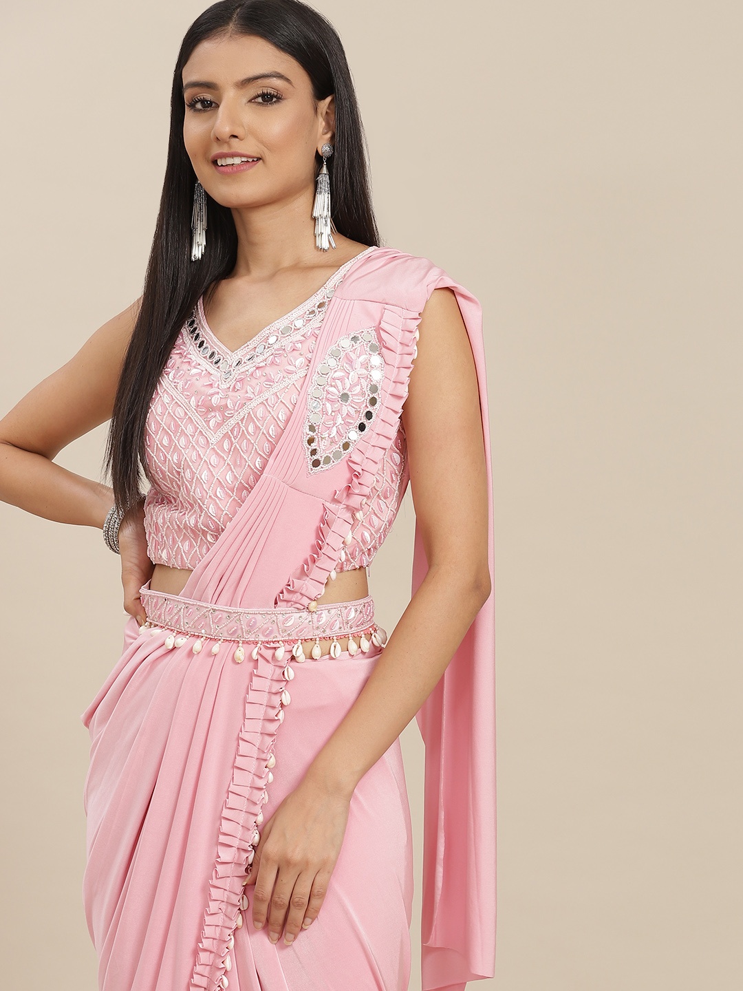 

SAARYA Pink Beads and Stones Satin Ready to Wear Saree