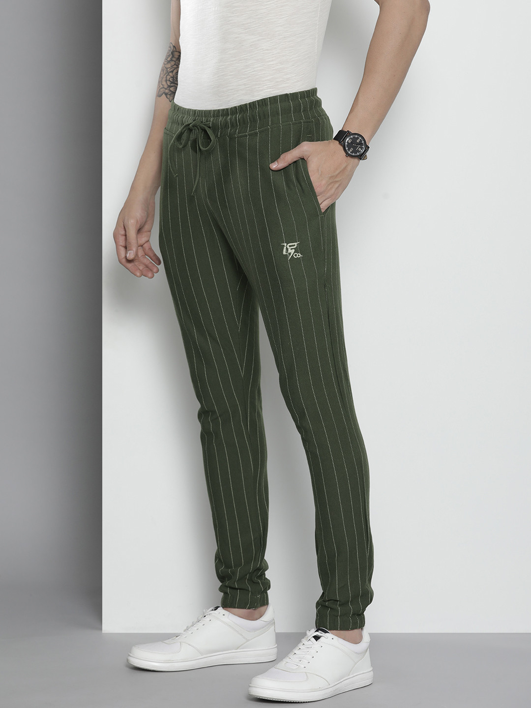 

The Indian Garage Co Men Olive Striped Joggers