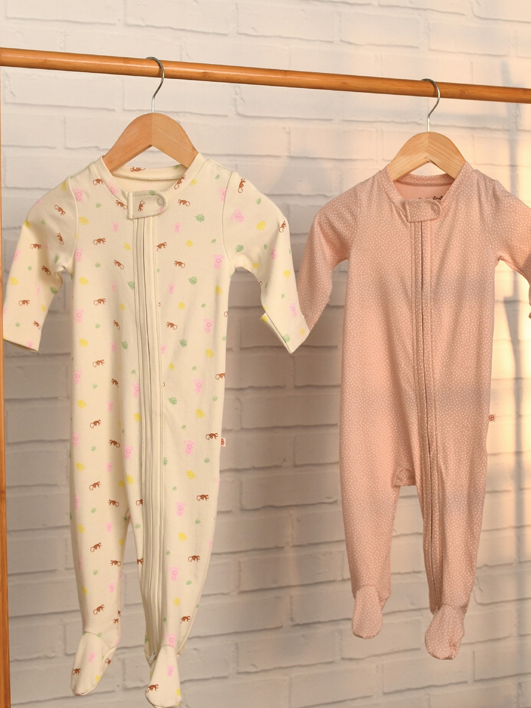 

GREENDIGO Kids Pack Of 2 Peach & White Printed Organic Cotton Rompers, Multi