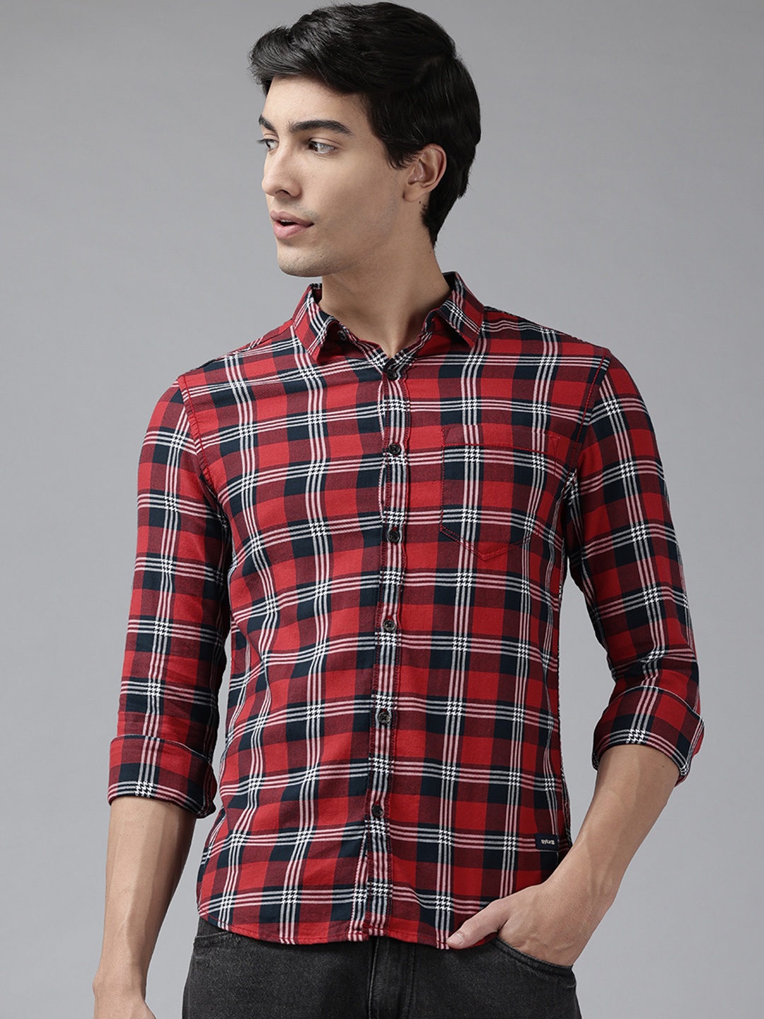 

SPYKAR Slim Fit Checked Pure Cotton Casual Shirt, Red