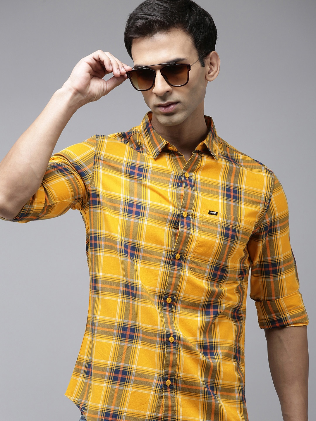 

SPYKAR Men Pure Cotton Slim Fit Tartan Checks Opaque Checked Casual Shirt, Yellow